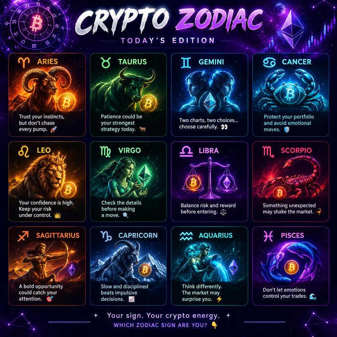 A 'Crypto Zodiac' infographic for Today's Edition with astrological signs paired with crypto trading advice, including Aries, Taurus, Gemini, Cancer, Leo, Virgo, Libra, Scorpio, Sagittarius, Capricorn, Aquarius, and Pisces.