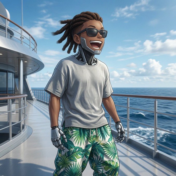 A 3D-style illustration of a character with dreadlocks, sunglasses, and a cybernetic face and arms, wearing a white t-shirt and tropical shorts, laughing on a cruise ship deck.