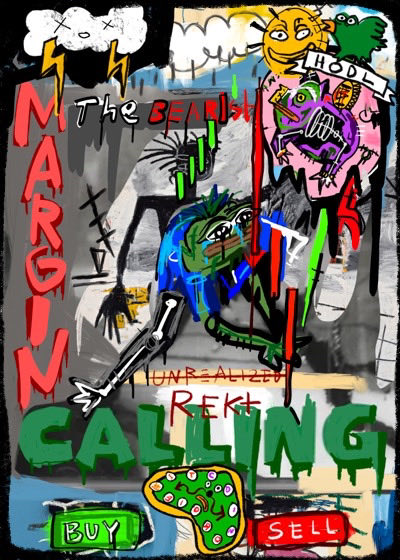 The image features a poster with various elements, including a cartoon character, a green frog, and text that reads "Margin Trading calling" along with other phrases such as "Unrealized Rekt" and "Call me when you're ready". The poster is displayed on a wall or board.