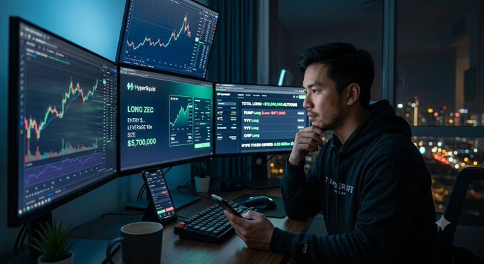 A young man sits in a dark room overlooking a city at night, intently watching multiple trading monitors displaying candlestick charts, with one screen showing "Hyperliquid" and "LONG ZEC" with a size of "$5,700,000."