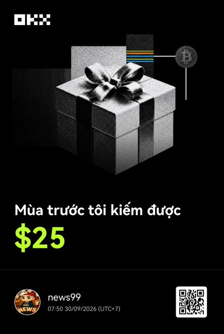A promotional graphic from OKX featuring a silver gift box, advertising $25 earnings from advance purchases, with a QR code and timestamp 07:50 30/09/2026 (UTC+7).