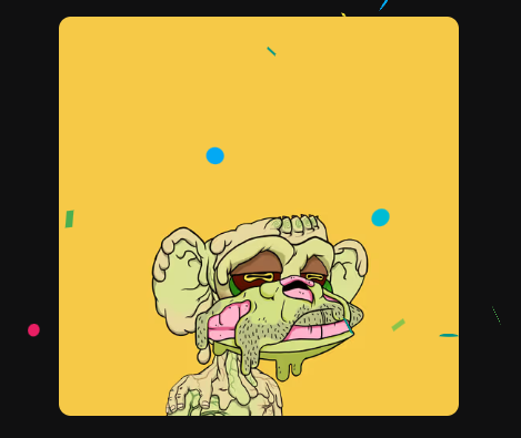 A cartoon illustration of a melting, green zombie-like creature with a wide grin on a yellow background with scattered colorful confetti.