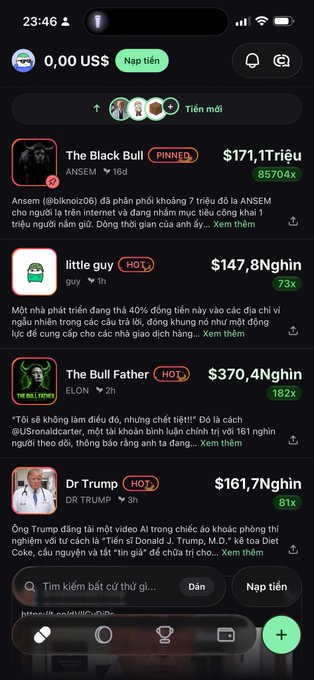 A mobile app screen showing a crypto meme coin trading or social feed at 23:46 with a $0.00 US$ balance, listing coins including 'The Black Bull' ($ANSEM) at $171.1K with 85,704x gains, 'little guy' at $147.8K, 'The Bull Father' ($ELON) at $370.4K, and 'Dr Trump' at $161.7K.