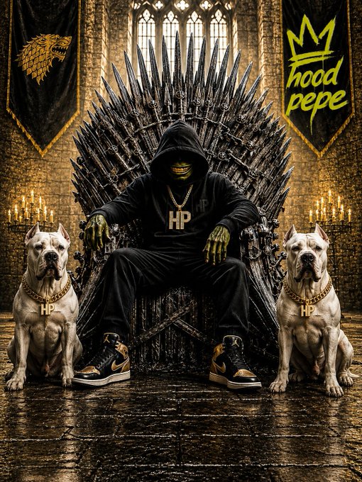 A dark fantasy scene of 'Hood Pepe' sitting on a Game of Thrones-style iron throne flanked by two pitbulls wearing HP gold chains.