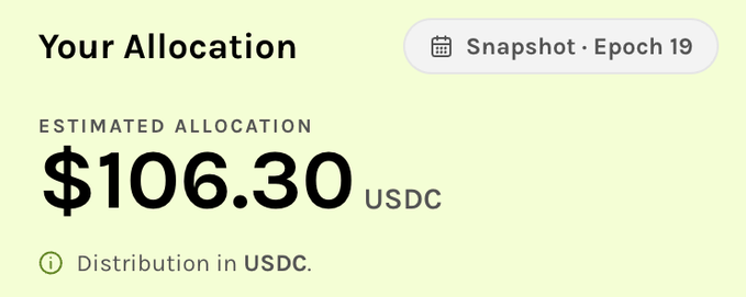 A screenshot from the Grass dashboard showing an estimated allocation of $106.30 USDC from Snapshot Epoch 19, which the poster notes is a disappointing reward for Grass Season 2.