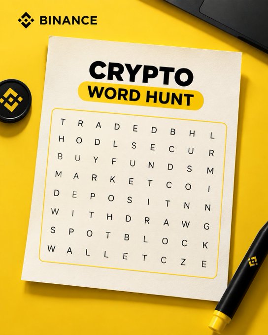 A "Crypto Word Hunt" worksheet by Binance is displayed on a yellow background, featuring a grid of letters with crypto-related terms like TRADED, HODL, SECURITY, BUY, FUNDS, MARKET, DEPOSIT, WITHDRAW, SPOT, and WALLET visible, accompanied by a Binance-branded pen and coin. The image illustrates the activity mentioned in the post, inviting participants to search and circle cryptocurrency-related words hidden within the letter grid.