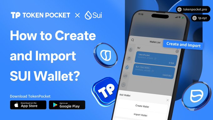 A blue promotional banner for 'TOKEN POCKET × Sui' explaining 'How to Create and Import SUI Wallet?' with app download links and a phone mockup showing the wallet interface.