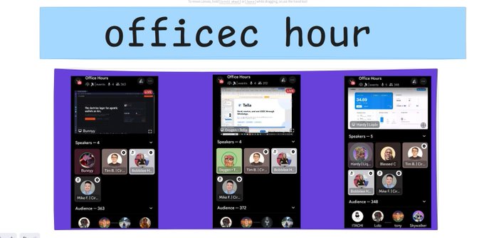 A slide titled 'office hour' displaying three mobile app screenshots of an 'Office Hours' Clubhouse-style social audio feature with speakers, audience counts, and various hosts.
