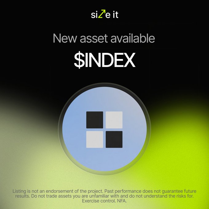 A Sizeit promotional graphic announces a new asset: “$INDEX,” now listed with 4.7× leverage. The post says users can trade and long fully on-chain via sizeit.xyz, contract address 0x56910d4409f3a0c78c64dd8d0545ff0705389870.