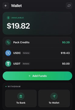A mobile wallet interface showing an available balance of $19.82, with Pack Credits ($0.39), USDC on Solana ($19.43), and USDT on Solana ($0.00), plus options to add funds, withdraw to bank, or transfer to wallet.