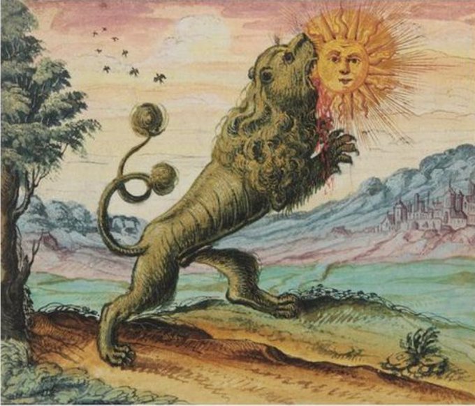 A classical illuminated manuscript-style illustration of a lion-like creature with a human face reaching toward a sun with a face, set in a landscape with trees and a distant city.