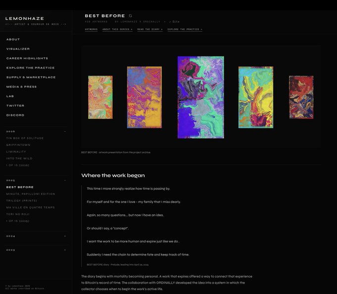 A screenshot of the artist 'Lemonhaze's' website for the 'Best Before' series, showcasing colorful abstract visualizations and a blog entry titled 'Where the work began'.