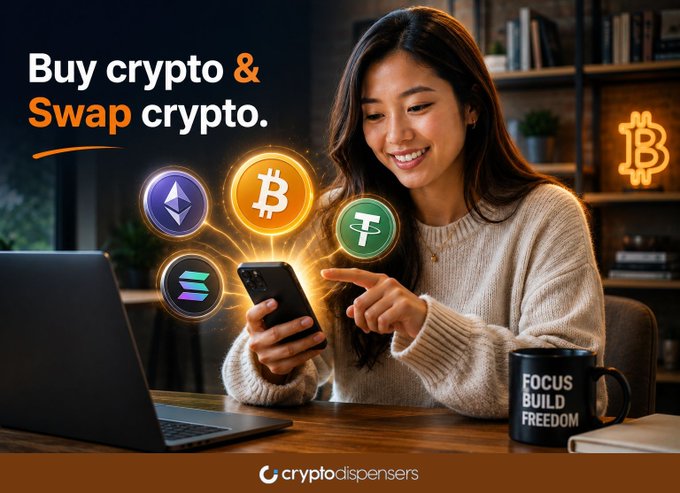 Advertisement showing a smiling woman using a smartphone with floating crypto coin icons (Bitcoin, Ethereum, Tether, Solana), text reading 'Buy crypto & Swap crypto.' and 'cryptodispensers', with a mug that says 'FOCUS BUILD FREEDOM'.