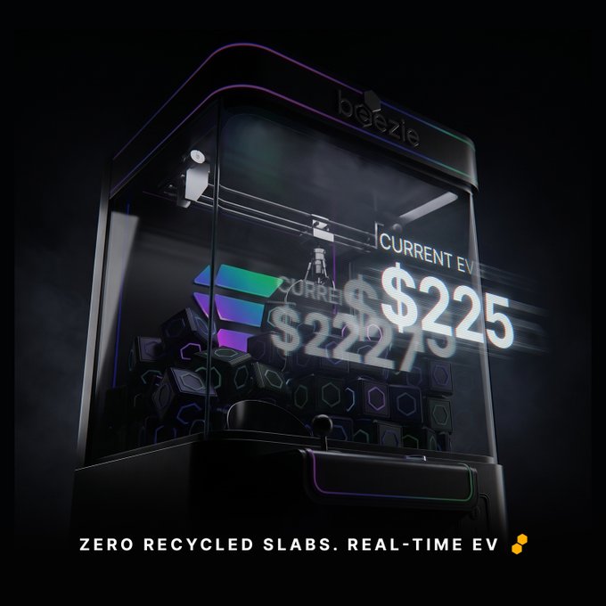 A 3D render of a glass display case branded "boozie" shows a Pokémon card holder with holographic text "CURRENT EV $225" and the caption "ZERO RECYCLED SLABS. REAL-TIME EV."