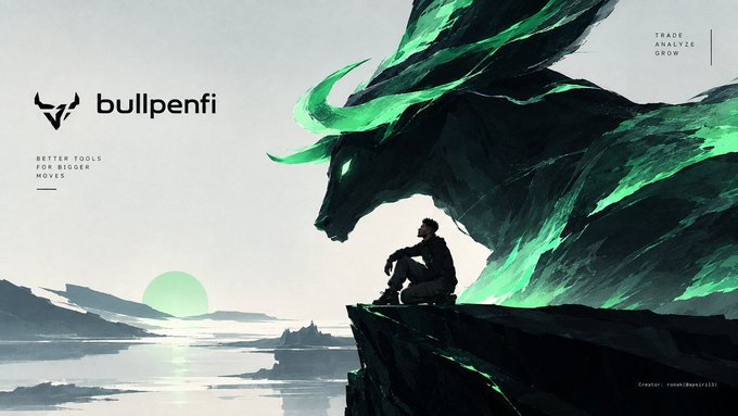 Promotional banner for "bullpenfi" with the tagline "BETTER TOOLS FOR BIGGER MOVES" and "TRADE ANALYZE GROW," featuring artwork of a man sitting on a cliff beside a massive green-glowing bull.
