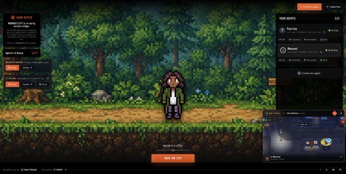 The image shows a pixel-art character in a forest setting from the Midnight City Sim game, with a "Masumi is Active" status displayed below. A sidebar shows the Masumi agent as active alongside PatCiak, with a "3,437 Agents in Queue" notification, illustrating the newly launched Masumi Agent's presence in the game world.