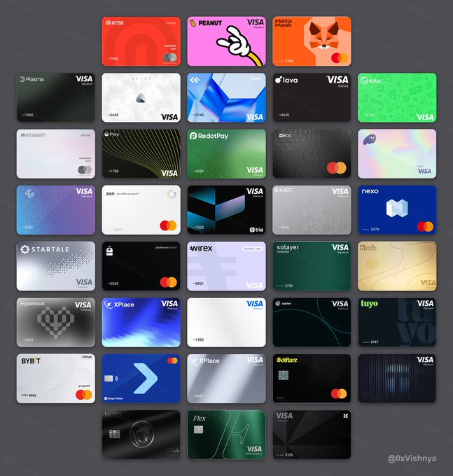 A grid displays numerous cryptocurrency Visa debit cards from various brands including Xtaka, Peanut, MetaMask, Plasma, and many others, all with masked card numbers.