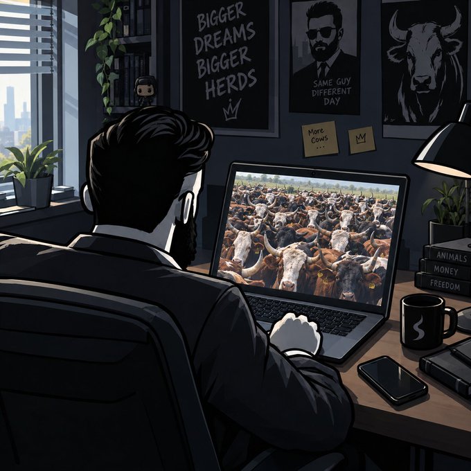 A bearded trader in a dark office studies a laptop showing a dense herd of longhorn cattle, surrounded by posters reading "BIGGER DREAMS BIGGER HERDS" and "SAME GUY DIFFERENT DAY," with books labeled "ANIMALS, MONEY, FREEDOM." The bullish cattle imagery perfectly complements the post's optimistic Thursday message of "massive breakouts and solid wins."