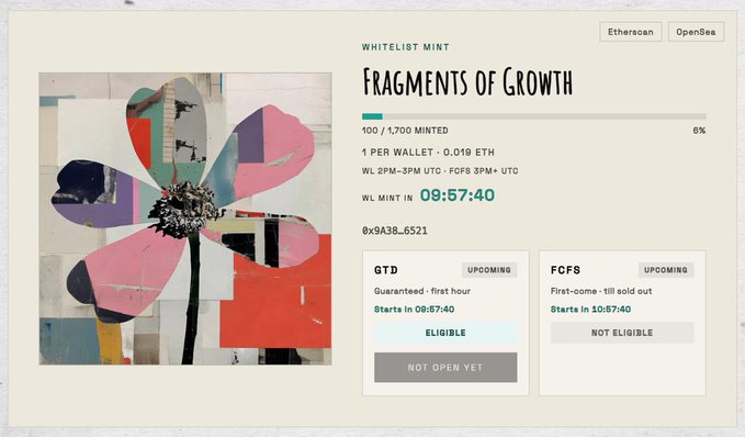 NFT minting page for 'Fragments of Growth' whitelist mint on Ethereum/OpenSea, showing 100/1,700 minted (6%), priced at 0.019 ETH per wallet, with countdown timer 09:57:40 and contract address 0x9A38_6521.
