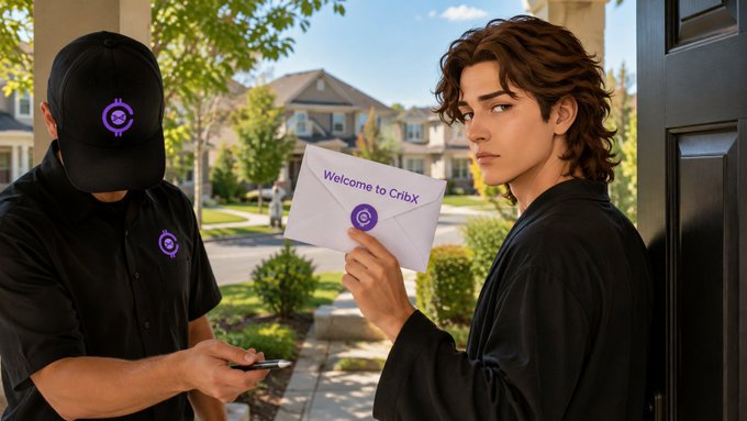 A CribX delivery worker hands a "Welcome to CribX" envelope to a young man at his front door in a suburban neighborhood.

The image illustrates the concept of a trusted friend bringing someone new into a system, mirroring the post about someone enthusiastically onboarding a friend into crypto—only for that friend to lose everything shortly after, highlighting how even well-intentioned introductions can end in disappointment.