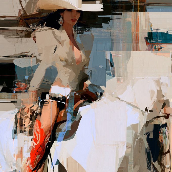 An abstract, painterly digital artwork depicting a figure in white clothing and a hat, rendered with fragmented brushstrokes and hints of red and blue.