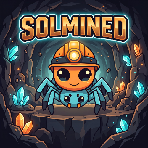 A cartoon mascot logo titled 'SOLMINED' featuring a cute spider wearing a mining helmet with a headlamp, set in a crystal-filled cave.