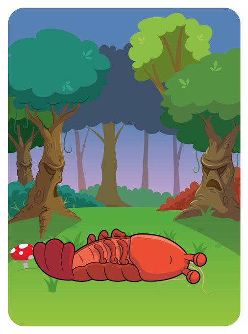 A cartoon illustration shows a red lobster lying on green grass in a forest setting, with tall trees and a red and white mushroom in the background. The scene evokes the "Veefriends" NFT collection's whimsical, nature-inspired character designs, fitting the playful branding promoted by the social media post.