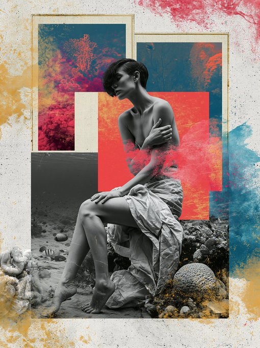 The caption for this image is "GM -> ESSENCE OF HER," which encapsulates the embodiment of female spirit and individuality depicted in the photograph. The serene and introspective expression of the woman, combined with the natural underwater setting and the abstract overlay of colorful shapes, evokes a sense of deep emotional essence and calm strength. This picture relates to the post by presenting a visual metaphor for the essence of her – a blend of natural grace and the vibrant, hidden layers of individuality that are as colorful and complex as the abstract elements within the image.