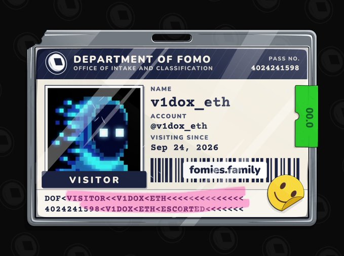 A digital 'Department of FOMO' visitor badge for v1dox_eth with account @v1dox_eth, marked as a visitor since Sep 24, 2026, featuring a pixel art avatar and the barcode 'fomies.family'.
