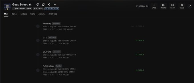 The image shows a minting schedule for "Goat Street" on Goat Network's chain, displaying phases (Treasury, GTO, WLFCFS, Public Stage) with start times of August 28 at varying hours GMT+4, all priced at 1 LINCP PER WALLET, with a countdown timer showing 4 days, 15 hours, 53 minutes, and 45 seconds remaining until minting begins—aligning with the post's announcement of an upcoming mint in 4 days.