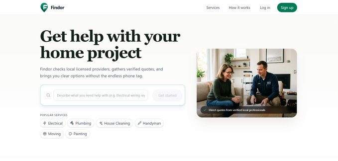 The homepage of Findor, a website with the headline 'Get help with your home project,' featuring a search bar, popular service tags like Electrical, Plumbing, and House Cleaning, and an image of professionals consulting with a homeowner.