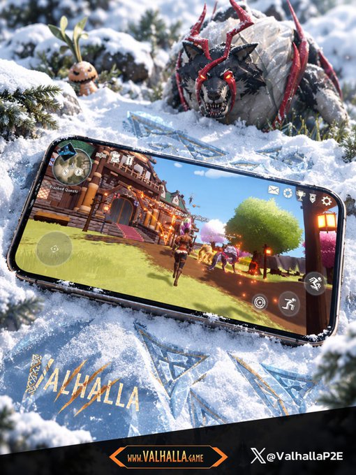 A promotional image for the mobile game 'VALHALLA' showing gameplay on a smartphone screen, set against a snowy forest backdrop with a fierce wolf creature figurine. Text includes 'www.VALHALLA.game' and 'X@ValhallaP2E'.