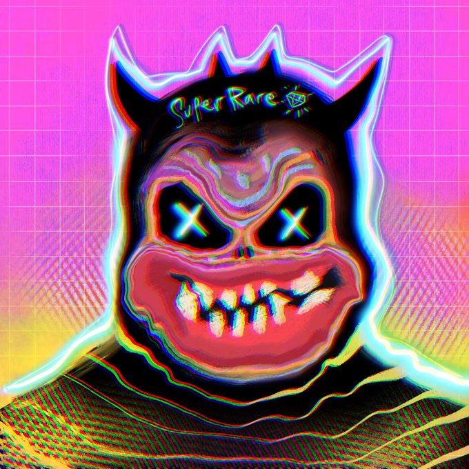 A stylized demonic clown mask with jagged horns, glowing X-shaped eyes, and a menacing grin is rendered in a vibrant glitch-art aesthetic with chromatic aberration and neon pink background. The text "SuperRare" appears handwritten near the top, linking the artwork to the NFT marketplace where the piece titled "Hallelujah" was acquired by @RarePatterns as mentioned in the post.