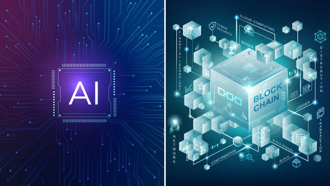 A side-by-side digital illustration showing a glowing "AI" microchip on a circuit board backdrop (left) and a 3D isometric "BLOCKCHAIN" cube surrounded by related tech terms like "CLOUD COMPUTING," "CYBER SECURITY," "MINING," and "LEDGER" (right). The image visually represents the fusion of AI and blockchain technology, aligning with the post's mention of an AI/ML task marketplace built on the Base network by Nomisma Network.