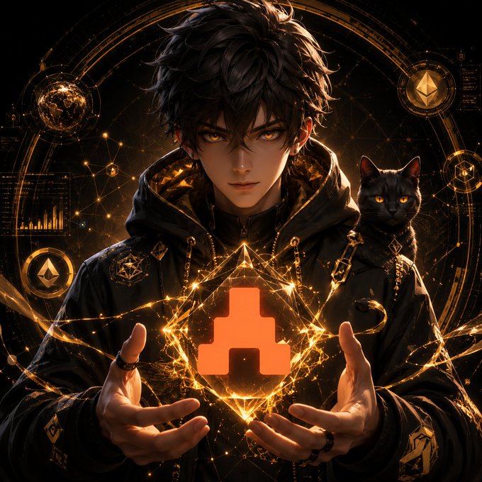 The image features a man with dark hair wearing a black hoodie holding an orange triangle above his head. A cat is sitting next to him, seemingly observing the scene. The background of the image includes various symbols and logos related to cryptocurrency, such as Bitcoin and Etherium.