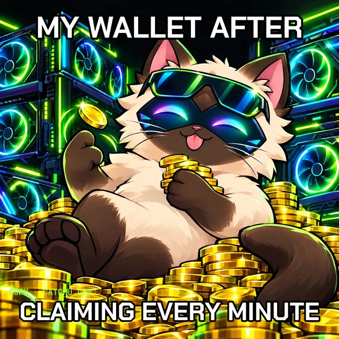 A cartoon cat wearing sunglasses, surrounded by piles of gold coins in front of glowing green computer fans, with the text 'MY WALLET AFTER CLAIMING EVERY MINUTE'.