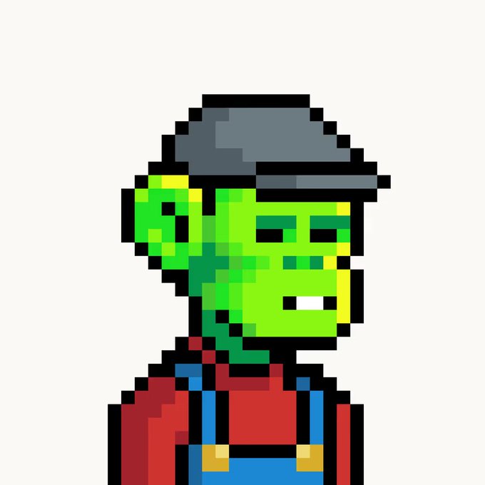 A pixel art portrait of a green-skinned character resembling Frankenstein's monster, wearing a dark hat and blue overalls against a white background.