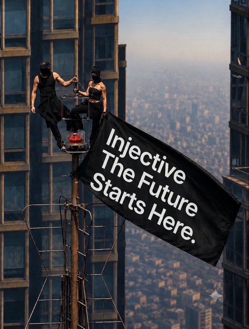 Two masked figures in black stand atop a towering antenna high above a city, unfurling a black banner that reads "Injective The Future Starts Here." The dramatic image ties into the post's message of prioritizing crypto gains over romance, with the bold "Injective" branding and the $INJ ticker framing the token as a higher, more enduring commitment than love itself.
