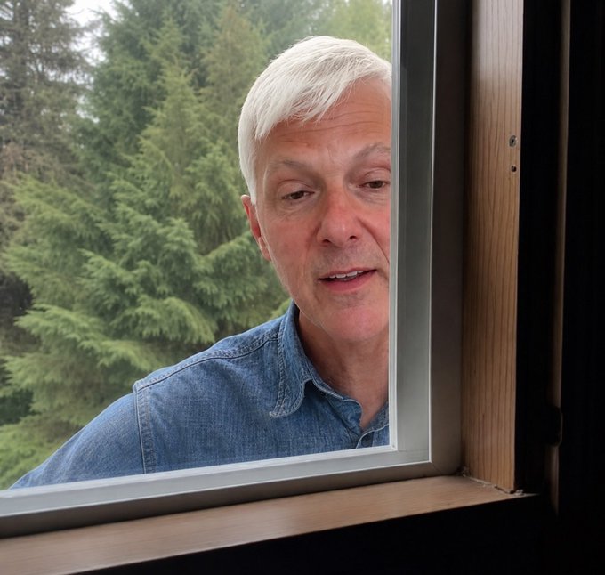 A man with white hair in a denim shirt peers through an open window, with lush green trees behind him. The image humorously captures the "shock" of being hit with Venmo/Zelle requests—as if being struck by a window flying open at friends asking for money.