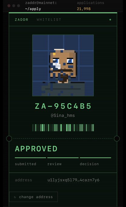 A digital terminal-style interface showing a 'ZADDR WHITELIST' application status as 'APPROVED' with a pixel art character, the code 'ZA-95C4B5', and a barcode.