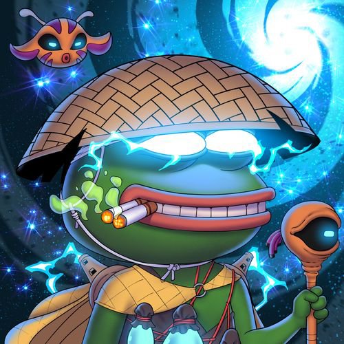 A digital illustration of a Pepe-style character wearing a thatched hat, glowing blue eyes, smoking a cigarette, holding a staff, with a small floating creature and a cosmic blue background.
