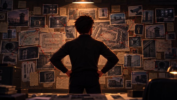 A mysterious figure stands with hands on hips before a dimly lit investigation wall covered in connected photos, prison blueprints, and surveillance images, embodying the "Mastermind" persona referenced in the post, which invites viewers to drop their EVM addresses to join a select group of five. The detective-like scene of analyzing clues perfectly complements the post's playful call to uncover the mastermind behind a Web3 project.