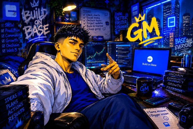 A vibrant illustration of a person in a hoodie at a desk with multiple screens showing charts, surrounded by text including "Build on Base," "GM," "TODAY," "ONCHAIN COMMUNITY PRODUCT GROWTH FREEDOM," and "BASE IS FOR EVERYONE."