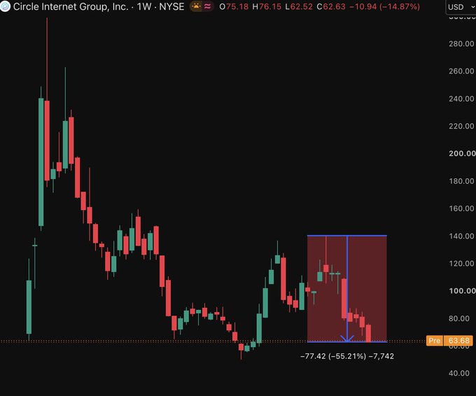 A stock chart for Circle Internet Group, Inc. (NYSE) showing a weekly decline of -14.87% (-10.94) and a highlighted recent drop of -77.42 (-55.21%).
