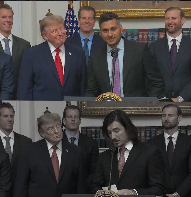 A split image showing President Trump and others at a White House podium, with the top half in color featuring a smiling group and the bottom half in black-and-white showing a man with long hair speaking at the podium, suggesting a comparison highlighting the central figure's White House appearance as referenced by the $INK ticker.