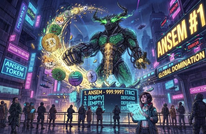 A vibrant crypto-themed illustration showing a giant armored bull-like figure towering over a neon-lit cityscape with signs reading 'ANSEM #1 GLOBAL DOMINATION' and 'ANSEM TOKEN', while people watch screens displaying 'ANSEM - 999.999T (TRC)'.