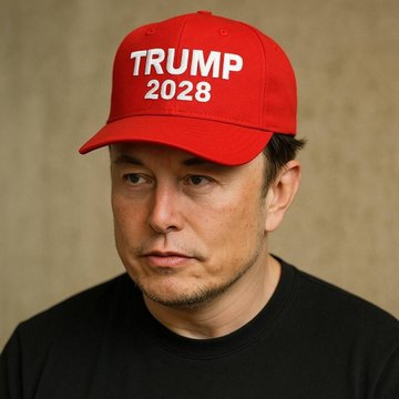 Portrait of Elon Musk wearing a black t-shirt and a red baseball cap with white text reading 'TRUMP 2028'.