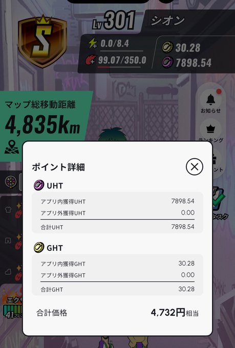 A Japanese mobile game screen shows a level 301 'S' rank profile for 'シオン' (Shion) with stats including 99.07/350.0 energy and 7898.54 UHT, displaying a points detail popup with a total value of 4.732円相当.