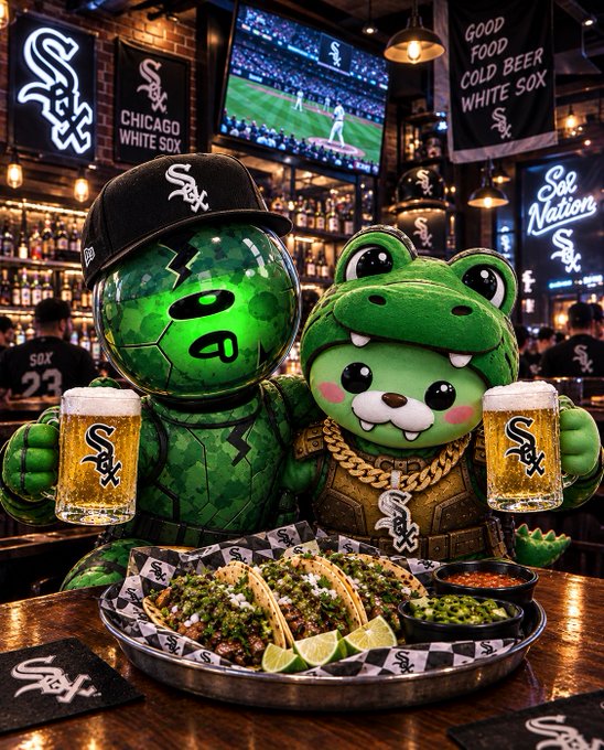 Two anthropomorphic mascot characters—one in a green camouflage suit with a White Sox cap, the other a green frog in a gold chain and jacket—hold beer glasses at a bar with 'CHICAGO WHITE SOX' signs and a baseball game on TV.