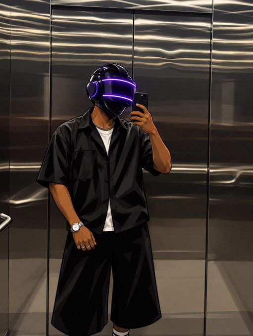 A person takes a mirror selfie in an elevator wearing a futuristic black helmet with purple LED accents, a black short-sleeved button-up, and wide-leg shorts. The stylish, tech-forward aesthetic pairs perfectly with a casual "gm frens cheers to the weekend" vibe, capturing that confident, weekend-ready energy.